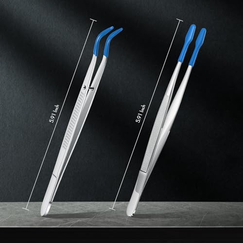 2 Piece Tweezers with Rubber Tips Set - Bent and Straight Flat Tips Tweezers PVC Coated for Stamp Coins Jewelry Crafts, Electronics(Silver, Blue) - color: Silver, Blue