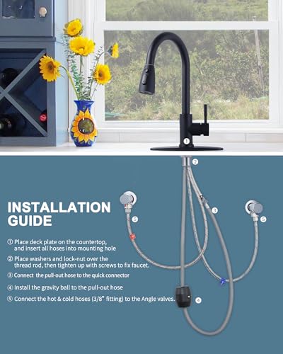 WOWOW Black Kitchen Faucet with Sprayer, Pull Down Kitchen Sink Faucet Lead-Free, Stainless Steel Single Handle Kitchen Faucets with Deck Plate, 360 Swivel High Arc Single Hole RV Kitchen Faucet - color: B: Black, style: Kitchen Faucet