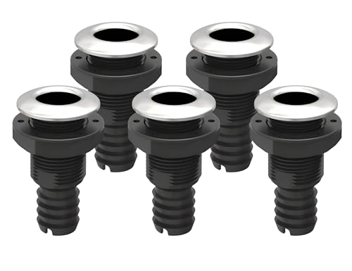 SEAFLO Thru Hulls Fitting Thru-Hull with Check Valve, 5/8”, 3/4”, 1”, 1-1/8”, 1-1/4”, 1-1/2”, or 2” Sizes, White/Black, Polypropylene/Nylon, 4-Year Warranty, (Choose Color, Size, and Pack Size) - color: Stainless-Steel Capped, size: 1-1/4", style: 5-pack