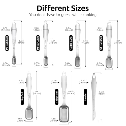 U-Taste Narrow Square Measuring Spoons: 18/8 Stainless Steel Kitchen Measure Teaspoon Tablespoon with Leveler, Polygon Rectangular Metal Jar Scoop for Baking Cooking, Coffee, Spice, Powder (Set of 7) - size: M-6+1 pcs (square)