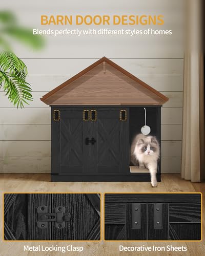 Hzuaneri Cat Litter Box Enclosure, Hidden Litter Box Cabinet Furniture with Bell, Indoor Cat House, Farmhouse Style, 31.5 x 19.7 x 20.9Inches, for Hallway, Bedroom, Black CB82404X - color: Black, size: 31.5"L x 19.7"W x 20.9"H