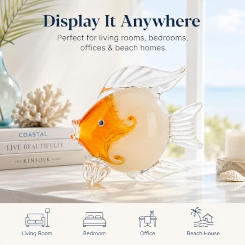 QIANLING Glass Fish Figurines - Coastal Home Decor, Modern Ocean Centerpieces for Living Room, Dining Area, Bathroom, Office, Coffee Table, Beach House, Nautical, Seaside, Entrance, Shelf Display - color: Orange & White Fish