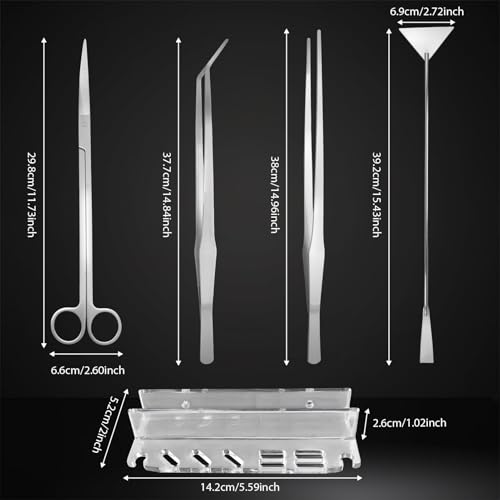 5Pcs 15Inch Aquascaping Tools Kit Extra Long Tweezers for Terrarium, Feeding Tongs, Aquarium Scissors, Algae Scraper,Aquascaping Tool Organizer Rack for Fish Tank Cleaning Plant Trimming