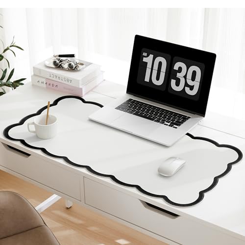 Scalloped Desk Mat, 31.5" x 15.7" Large Cute Aesthetic Desk Accessories, PU Leather Computer Laptop Desk Mouse Keyboard Pad, Desk Writing Mat for Vanity/Work/Home Decor (Black, 31.5" x 15.7") - color: Black, size: 31.5" x 15.7"