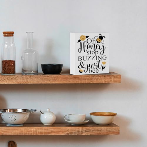 Summer Bee Sign Decor Bee Decorations for Home Oh Honey Wooden Box Sign Desk Accessories Home Office Bedroom Bathroom Teacher Classroom Decor 5 X 5 Inch - color: Honey
