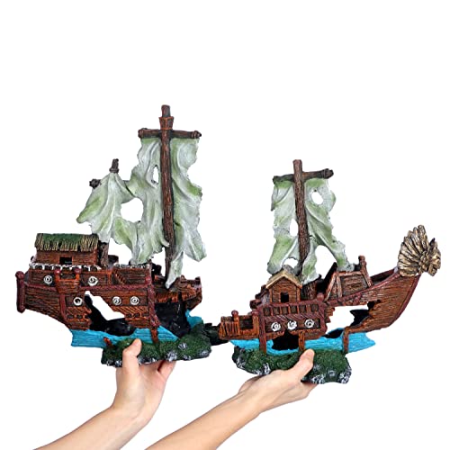 XXL Shipwreck Aquarium Large Decorations Ornament w/Sail (2 Pieces) 20 Gallons high and Larger Fish Tank, Sunken Ship Decoration Ornaments, Pirate Boat, Resin, Freshwater Saltwater Decor - size: 23" x 15"