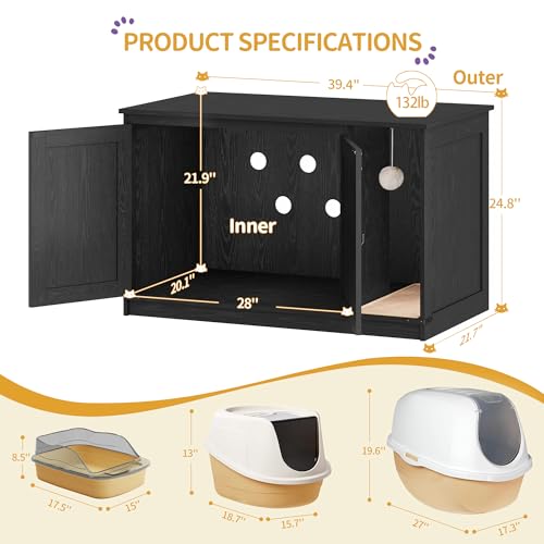 Hzuaneri Cat Litter Box Enclosure, Hidden Litter Box Cabinet Furniture with Bell, Indoor Cats House, Farmhouse Style, 39.4 x 21.7X 24.8 Inches for Hallway, Bedroom, Black CB85204X - color: Black, size: 39.4"L x 21.7"W x 24.8"H