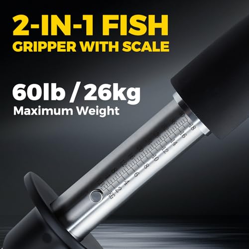 2-in-1 Fish Lip Gripper, 23.8" Stainless Steel Fish Gripper with Scale, 60lb Weighing Fish Grabber, 360° Non-Slip Swivel Handle, Tool for Saltwater & Freshwater - size: 23.8"