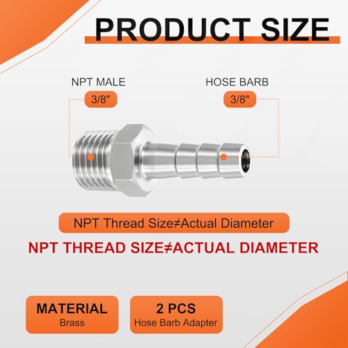 2 Pack Stainless Steel Hose Barb to NPT Male Adapter, 3/8" Barb x 3/8" NPT Male for Industrial, Automotive, Fluid Transfer, Home Gardening - size: 3/8" Barb To 3/8" NPT Male