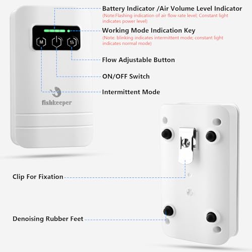 fishkeeper Rechargeable Aquarium Air Pump, Aerator Fish Tank Air Pump Up to 60 Gallons Portable Battery Powered Oxygen Pump with Clip for Most Bait Buckets, Power Outages and Emergency (2W 30GPH) - size: 2W-2200mAh(Single hole)