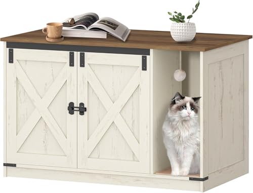 Hzuaneri Cat Litter Box Enclosure, Hidden Litter Box Cabinet Furniture with Bell, Indoor Cats House, Farmhouse Style, 39.4 x 21.7X 24.8 Inches for Hallway, Bedroom, Rustic Brown and White CB85214X - color: Rustic Brown and White, size: 39.4"L x 21.7"W x 2