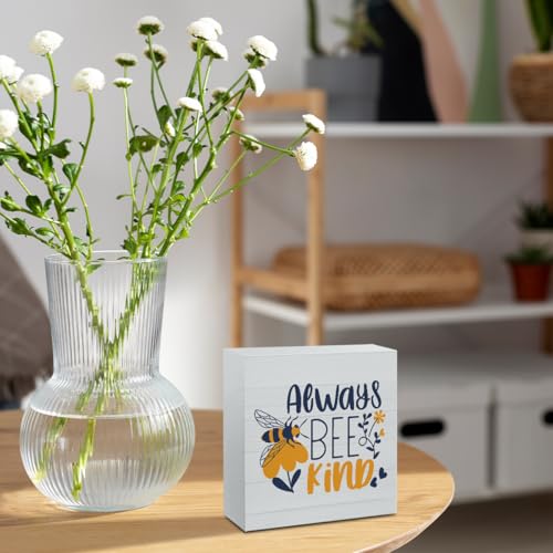 Summer Bee Decorations for Home Cute Bee Sign Honeybee Decor Gifts for Women Positive Quotes Wooden Box Sign Desk Accessories Home Office Teacher Classroom Decor 5 X 5 Inch - color: Be Kind 1