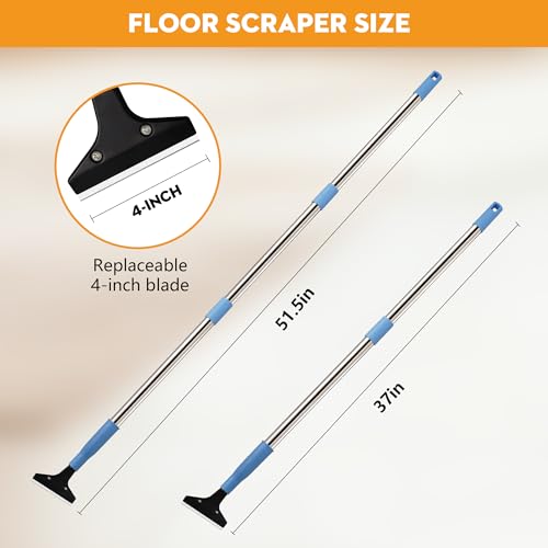 Heavy-Duty Floor Scraper with Long Handle (37''-51.5''), 4-Inch Metal Scraper Cleaning Tool, Comes with 10 Blades, Suitable for Cleaning Walls, Glass, Adhesives, Chewing Gum, and Ceilings - size: 51.5in