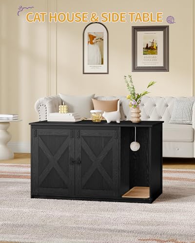 Hzuaneri Cat Litter Box Enclosure, Hidden Litter Box Cabinet Furniture with Bell, Indoor Cats House, Farmhouse Style, 39.4 x 21.7X 24.8 Inches for Hallway, Bedroom, Black CB85204X - color: Black, size: 39.4"L x 21.7"W x 24.8"H