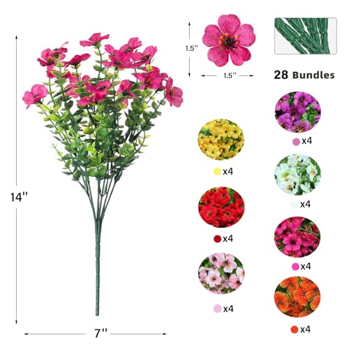28 Bundles Artificial Plants & Flowers Silk Fake Flowers UV Resistant Bushes Plastic Artificial Flowers Faux Outdoor Indoor Plants for Spring Summer Patio Decorations(7 Colors)