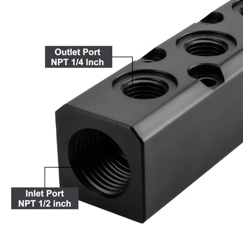 Air Manifold, 3 Way 5 Port Air Compressor Manifold, Air Hose Inline Manifold Block Splitter, Pneumatic Manifold Air Distribution Block, NPT 1/2 Inch Supply Port, NPT 1/4 Inch Output Port(BLACK) - size: 1PCS 3 Way 5 Port（Black）
