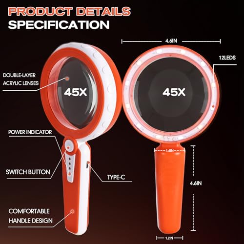 Rechargeable Magnifying Glass with Light for Seniors Reading, Hobbies | 45X Magnification • 6 Light Modes • 1200mAh Battery • 4.6-inch lens • 12 LEDs • Stepless Dimmable • Non-slip Handle - color: Orange