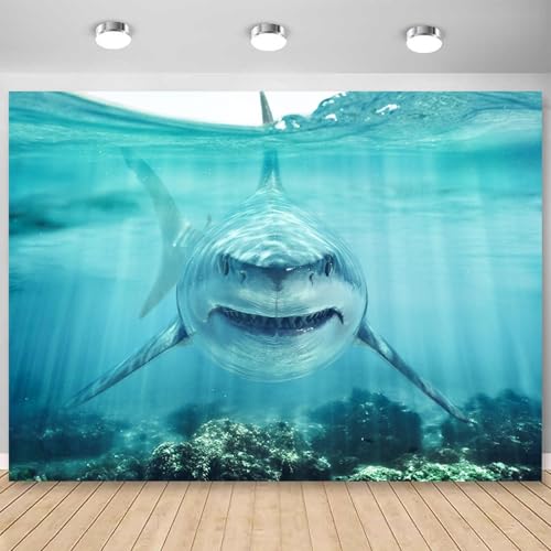 Shark Under The Sea Backdrop 7x5ft Fabric Underwater World Backdrops for Photography Ocean Coral Reef Shallows Aquarium Background Theme Party Decorations Banner Birthday Photo Studio Props - size: 7x5FT
