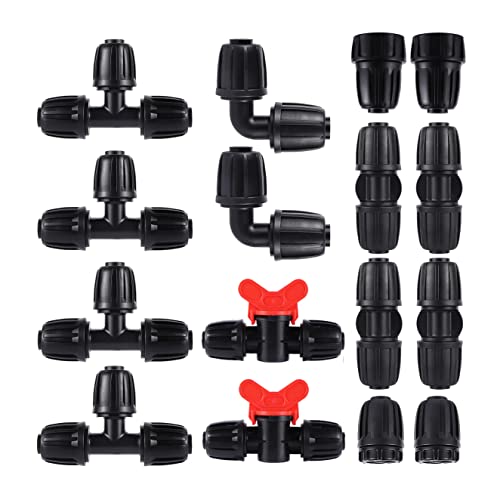 16 Pcs 1/2 inch Tubing Irrigation Fittings Kit, For (1/2" ID x0.6-0.63" OD) 16mm Drip Tubing Barbed Locked Nuts Connectors 2 Ends,2 Elbows,2 Switch Valves,2 US Standard Adapters,4 Tees 4 Couplings - size: 1/2 inch Irrigation Fittings kit