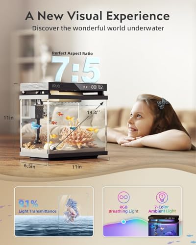 Fish Tank Smart Aquarium Kit: 2 Gal UHD Glass Silent Water Pump Self Cleaning System Temperature Monitoring Essential Oil Diffuser with Humidifier 7 Color Lights Multi-Layer Filtration System - Black - color: Black