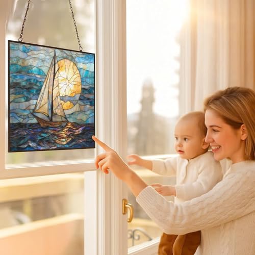 Stained Glass Window Hanging, Art Nouveau Horizon Sailboat Sun Catchers Glass Panel Rectangle Hangings Abstract Suncatcher Decor for Birthday for Women, Men, Wife, Aunt, and Mom 15"x11" - color: Art Nouveau Horizon Sailboat 1, size: 15x11 IN