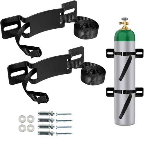 2PCS Gas Cylinder Wall Mounted Brackets, with 59 inches Safety Nylon Belt, Steel Propane Tank Holder, Heavy Duty Oxygen Nitrogen Tank Bracket for OTG Rv Water Softener - Black - color: Black