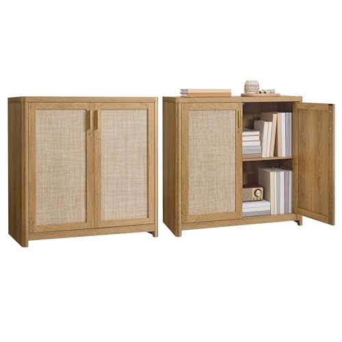 VASAGLE ELLAN Collection - Boho Buffet Cabinets with Rattan-Look Doors, Sideboard Storage Cabinet, Rounded Corners, Adjustable Shelf, for Kitchen Dining Room, Set of 2, Natural Brown UBBK345KC01-2J - color: Natural Brown (Without Drawer), size: 2 Pcs