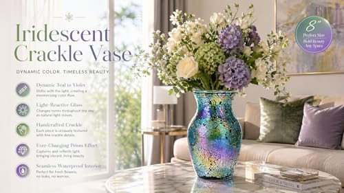 8" Iridescent Crackle Glass Vase, Handmade Deep Teal Green & Violet Mosaic Flower Vase, Dynamic Light-Reactive Art Centerpiece for Home Decor - color: Iridescent Green