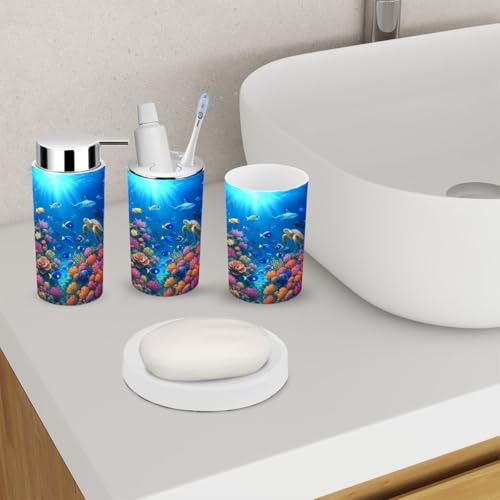 Bathroom Accessory Set 6 Piece Underwater Scene Coral Reef Tropical Fish Toothbrush Holder, Toothbrush Cup, Soap Dispenser, Soap Dish, Toilet Brush Holder, Trash can