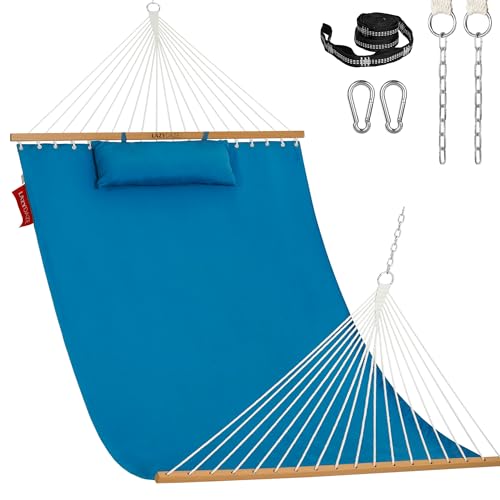 Lazy Daze Hammocks 12 FT Sunbrella Fabric Hammock non-fading with Spreader Bars and Free Pillow Fits for 2 Persons, All Weather and Fade Resistant for Patio Yard, 450 lbs Capacity, Canvas Pacific Blue - color: Canvas Pacific Blue