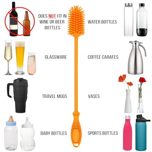 Silicone Bottle Brush with 2 Straw Cleaners - 12.5” Water Bottle Cleaner Brush for Yeti, Hydro Flask, Owala, Stanley, Baby Bottles, Glassware, Vases & Narrow Neck Containers - Orange