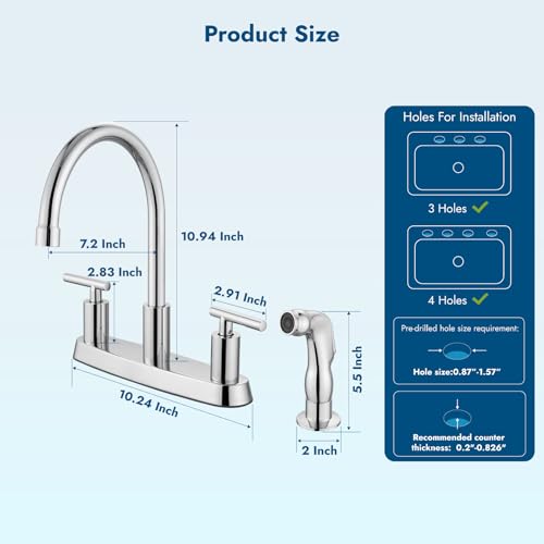 Kitchen Faucet, High Arc 360° Swivel Spout, 2-Handle 8 Inch Centerset Kitchen Sink Faucet with Side Sprayer, 3 or 4 Hole Kitchen Faucet for RV, Utility & Laundry Sink, Polish Chrome - color: Polish Chrome