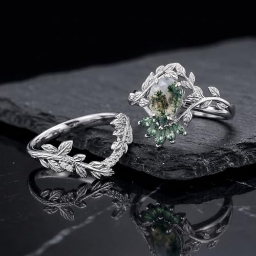 Natural Moss Agate Engagement Ring Set for Women, Unique Genuine Moss Agate Ring, 925 Sterling Silver 10K 14K 18K Solid Gold Nature Inspired Bridal Set, Boho Wedding Jewelry Gift - color: Two