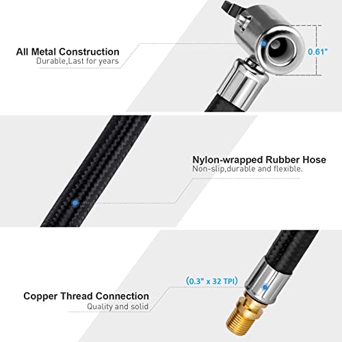 LUMITECO 31" Upgraded Lengthened Tire Inflator Hose Adapter &Converting Nuts, Lock On Air Chuck with Hose and Tire Schrader Valve Fine Thread, for tire pump's Twist On Convert to Lock On Connection