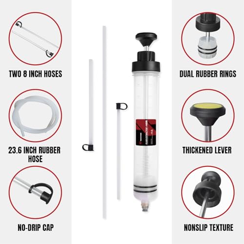 Thorstone 500cc Automotive Fluid Extractor Pump for Easy Oil Change | Manual Oil Change Syringe with 60cm Rubber Hose & 2pcs 22cm PVC Suction Tubes - size: 500cc（60cm)