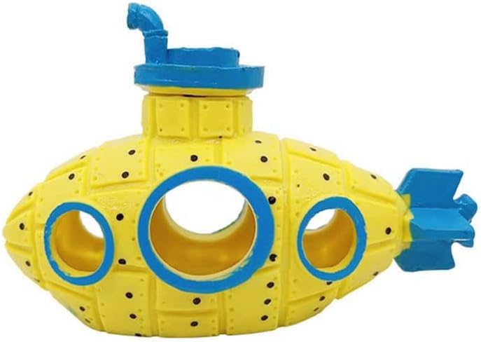 Yellow Floating Submarine Ornament for Fish Tank - Cute Retro Style Resin Decor, Safe Tankmate Toy for Betta, Cichlids, Goldfish, Shrimp, Hermit Crabs, Aquarium Accessory