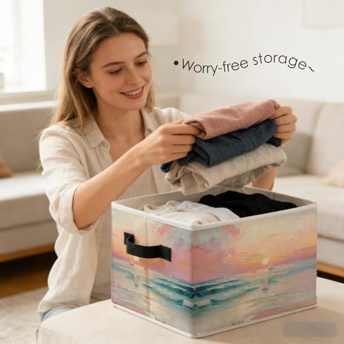 Pink Coastal Beach Sunset Sailboat Storage Bins Box with Handles, Pastel Nautical Ocean Seascape Foldable Basket Toybox for Girls Bedroom Bathroom Home Clothes Toys Books - color: color-2