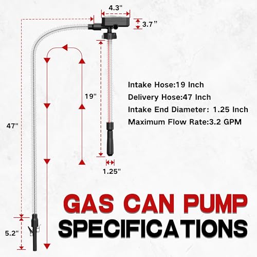 2026 Upgrade Automatic Battery Powered Fuel Transfer Pump, 3.2GPM Battery Operated Gas Can Pump with Auto-Stop Sensor, 47 IN Long Hose & 3 Adapters for Gasoline, Oil, Diesel (Not Include Gas Can)