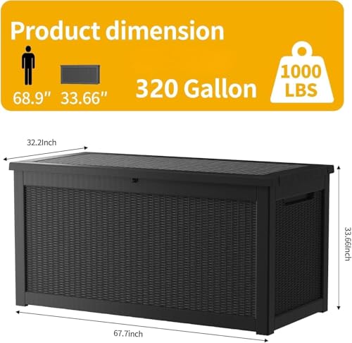 TARKARI 320 Gallon Outdoor Storage Box Waterproof, Resin Deck Boxes with Lockable Lid & UV-Resistant for Patio, Pool, Garden Furniture Cushions & Accessories, Black - color: Black, size: 320 GAL