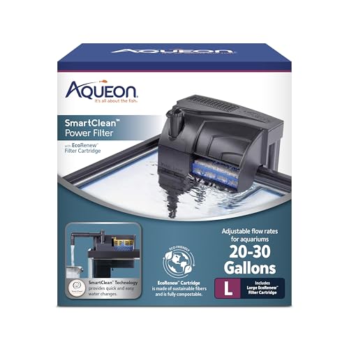 Aqueon SmartClean Power Filter with EcoRenew Filter Cartridge, Quick and Easy Water Changes, Quiet Operation, Adjustable Flow, for 20-30 Gallon Freshwater and Saltwater Aquariums, Large - size: 20-30 Gallons