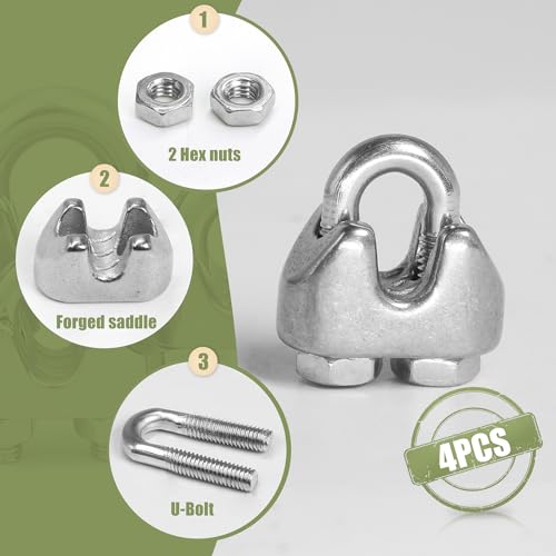 4pcs M2 Wire Rope Clamp, 1/16 inch Cable Clamps Stainless Steel Wire Rope Clips - size: M2