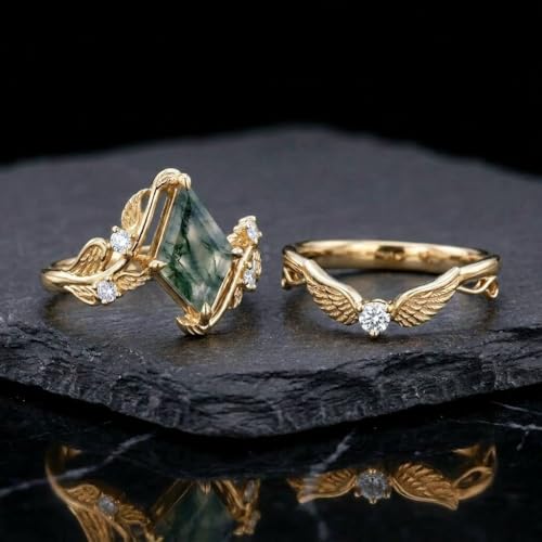 Natural Moss Agate Engagement Ring Set for Women, Unique Genuine Moss Agate Ring, 925 Sterling Silver 10K 14K 18K Solid Gold Nature Inspired Bridal Set, Boho Wedding Jewelry Gift - color: Eight