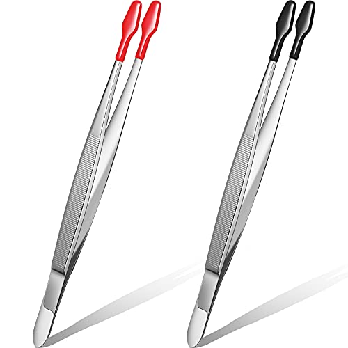 Lasnten 2 Pieces Rubber Tipped Tweezers Forceps Silicone Coated Soft Tweezers Rubber Steel Forceps Non Marring Flat Tip Lab Industrial Hobby Craft Tools, Black and Red, 5.91 Inch