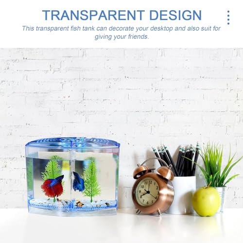 Transparent Mini Fish Tank 7.08X5.51X3.54In Small Goldfish Aquarium with Luminous Aquatic Plants Desktop Breeding Tank Home Decor