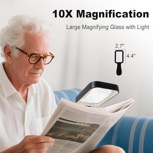 10X Magnifying Glass with Light, Rechargeable Magnifier with 3 Color Modes, Lighted Magnifying Glass Handheld for Seniors Reading Low Vision, Inspection, Close Work - style: 10X Magnifier with LIght
