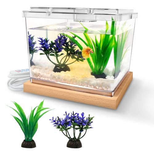 Mini Betta Fish Tank Kit with LED Light Base, Small Fish Bowl for Temporary Space, 0.2 Gallon Stackable Cube Tank with Artificial Plants for Small Fish, Insect, Shrimp, Crab, Spider (Kit-2)