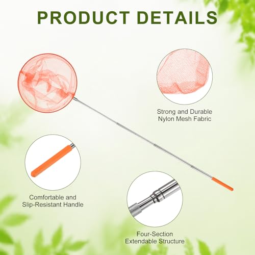 M METERXITY 1-Set Telescopic Fishing Net for Teenagers, Extendable 18.89 Inches Adjustable Handle Small Nets with Bucket for Catching Bug/Small Fish/Shrimp/Aquarium/Outdoor [Orange]