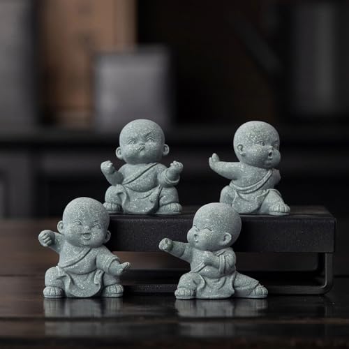 4 PCS Cute Kung Fu Zen Monk Praying Statue, Mini Sandstone Buddha Statues, Stone Monk Figurine Zen Decor for Desktop Decor, Home Feng Shui, Zen Garden, Fish Tank, 4Pcs Grey