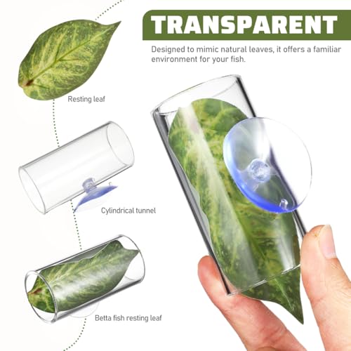 POPETPOP 2Pcs Betta Fish Acrylic Tube Tunnel : Suction Cup Aquarium Cave with Leaf Pad Cylindrical Aquarium Hideout for Breeding Resting, 3.14X1.57X1.57in