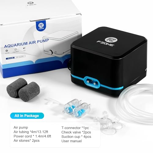 FZONE Aquarium Air Pump, Ultra Quiet Fish Tank Aerator Pump with Stainless Steel Dual Outlets, Adjustable Powerful Oxygen Pump with Air Stones for Freshwater and Saltwater Aquariums
